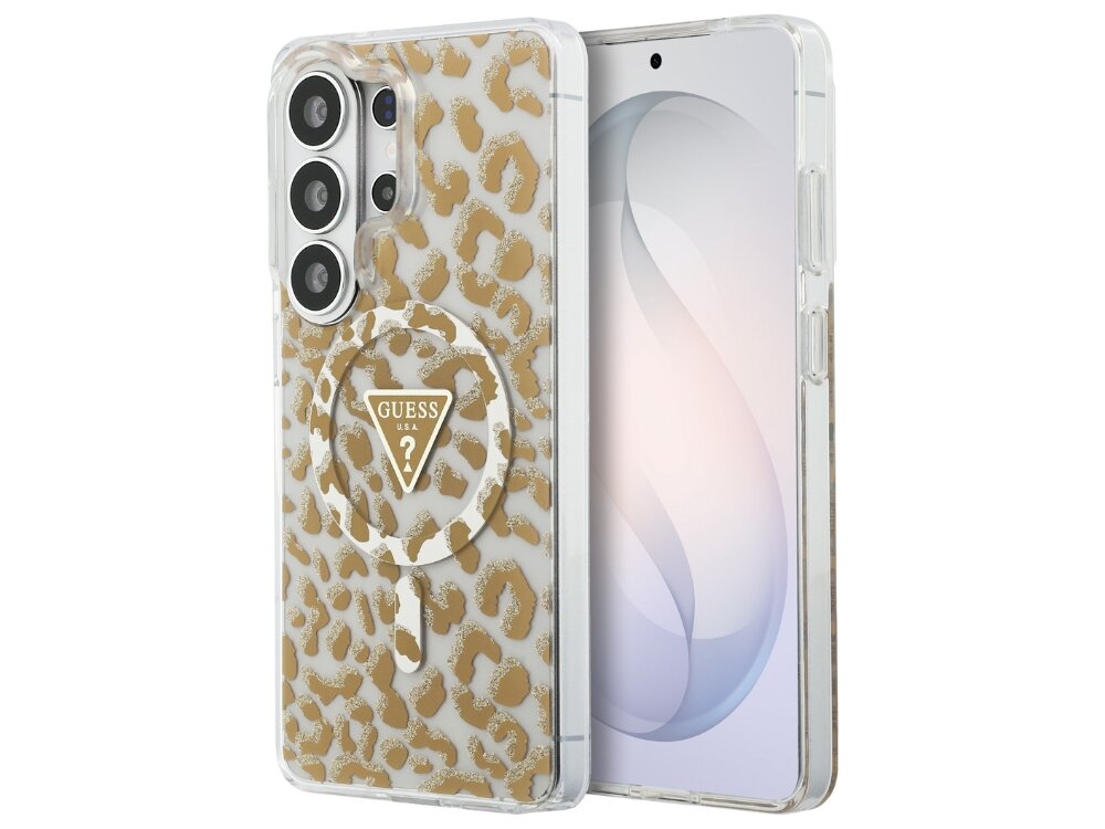 Etui GUESS IML Leopard Print Triangle MagSafe do Samsung Galaxy S26 Ultra  Brązowy - eleganckie, wzór cętki, magnetyczny pierścień