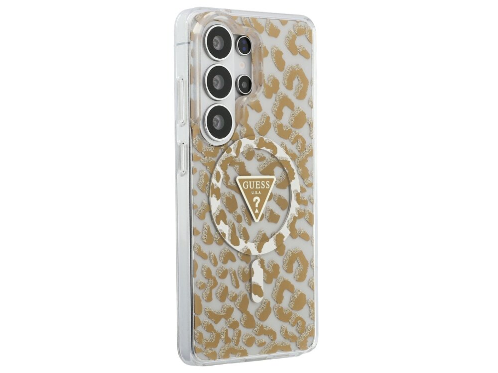 Etui GUESS IML Leopard Print Triangle MagSafe do Samsung Galaxy S26 Ultra  Brązowy - wzór cętek, złoty pierścień, logo Guess