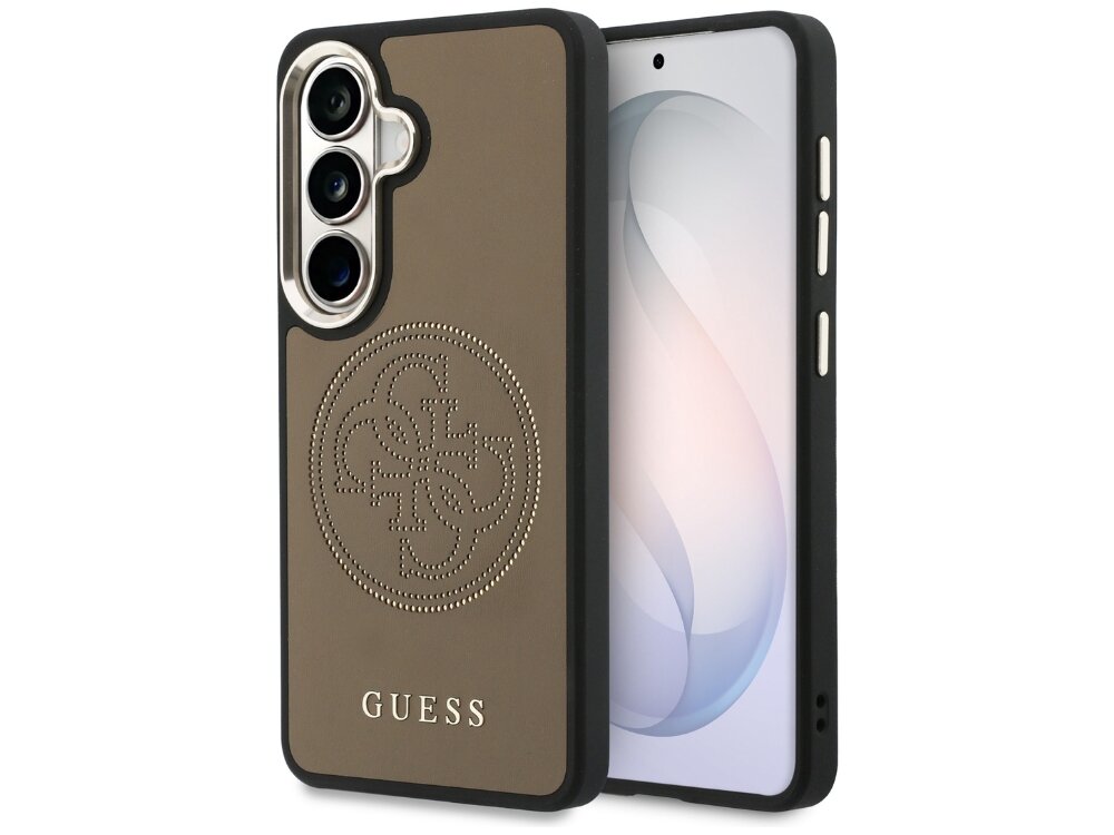 Etui Guess Perforated 4G Samsung Galaxy S26 - eleganckie, perforowana skóra, MagSafe Smartfon Samsung Galaxy w grafitowym etui Guess z materiałowym wzorem 4G i srebrnym trójkątnym logo na dole.