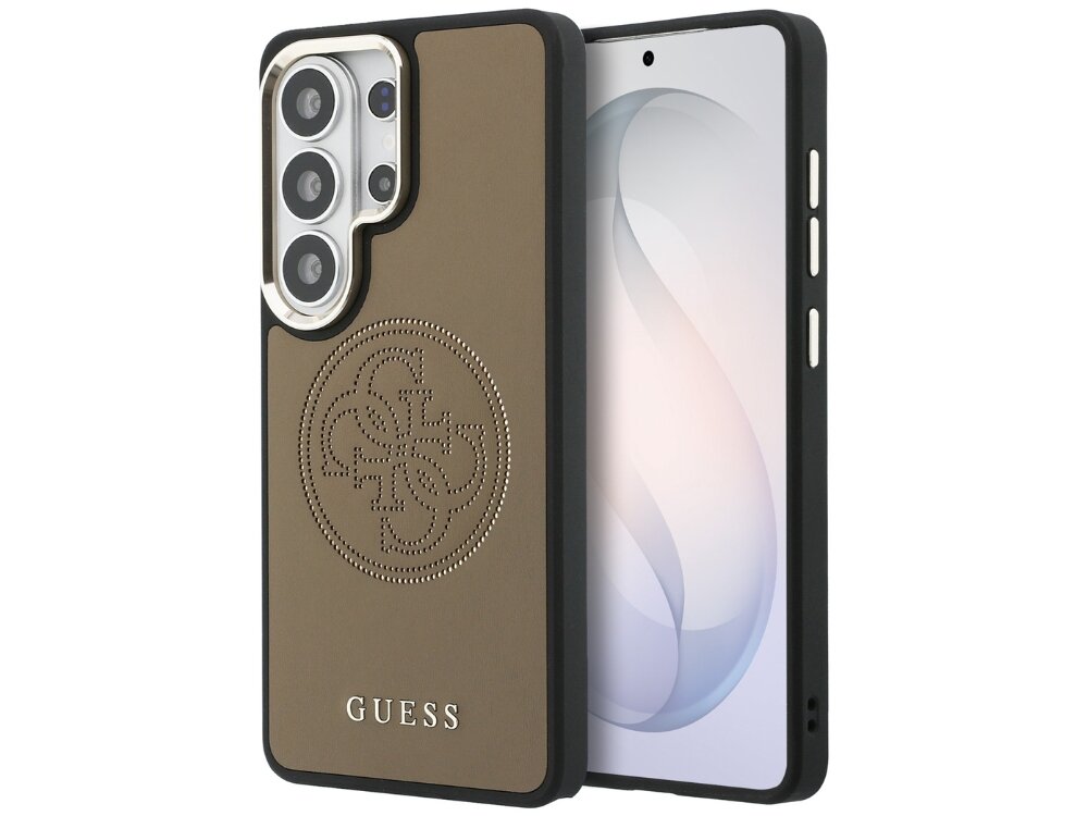 Etui Guess Perforated 4G Samsung Galaxy S26 Ultra - eleganckie, perforowana skóra, MagSafe Smartfon Samsung Galaxy w grafitowym etui Guess z materiałowym wzorem 4G i srebrnym trójkątnym logo na dole.