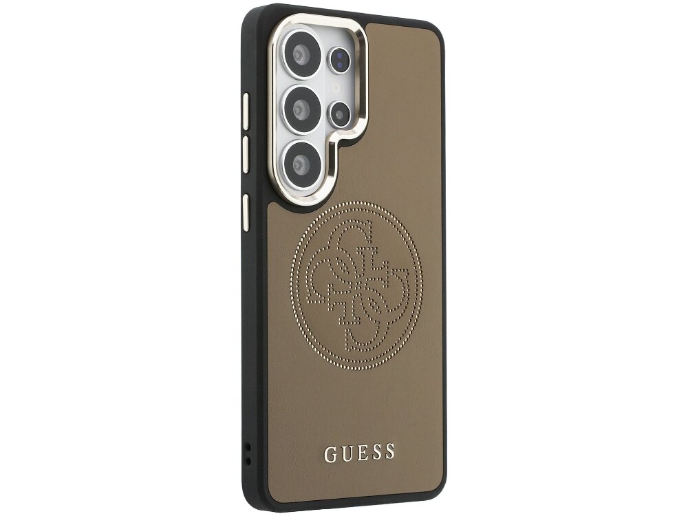 Etui Guess Perforated 4G Samsung Galaxy S26 Ultra - perforowana skóra, wzór 4G, logo Guess Tył grafitowego pokrowca Guess na telefon z teksturą tkaniny, ciemnym wzorem monogramów 4G oraz srebrną ramką wokół aparatów.