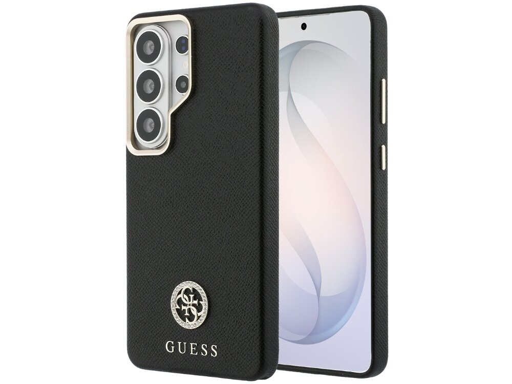 Etui Guess 4G Rhinestone Round Logo Samsung Galaxy S26 Ultra - eleganckie, okrągłe logo, magnetyczny pierścień Czarny smartfon Samsung Galaxy S24 w eleganckim etui Guess wykonanym z fakturowanej skóry z okrągłym logo 4G i złotym napisem.