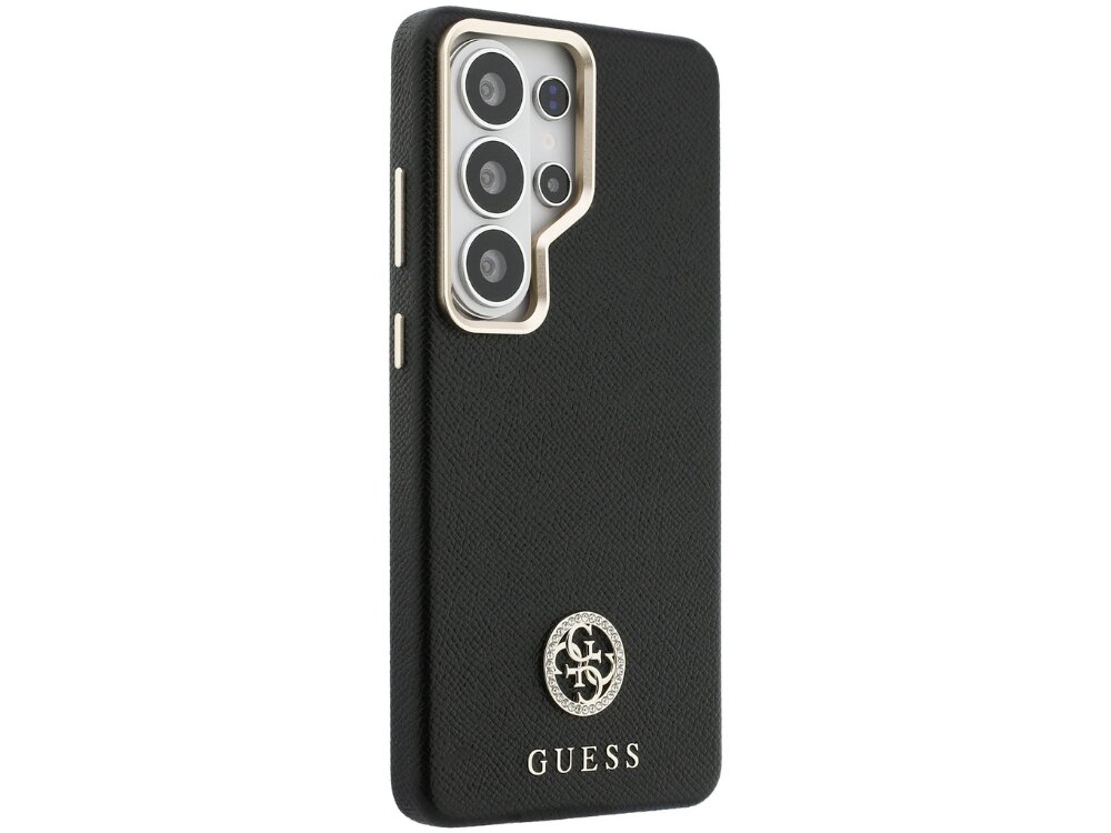 Etui Guess 4G Rhinestone Round Logo Samsung Galaxy S26 Ultra - wzór 4G, logo Rhinestone, eleganckie Tył czarnego etui Guess do Samsung Galaxy S24 z metalicznym wykończeniem wokół aparatu i ozdobnym emblematem wysadzanym kryształkami.