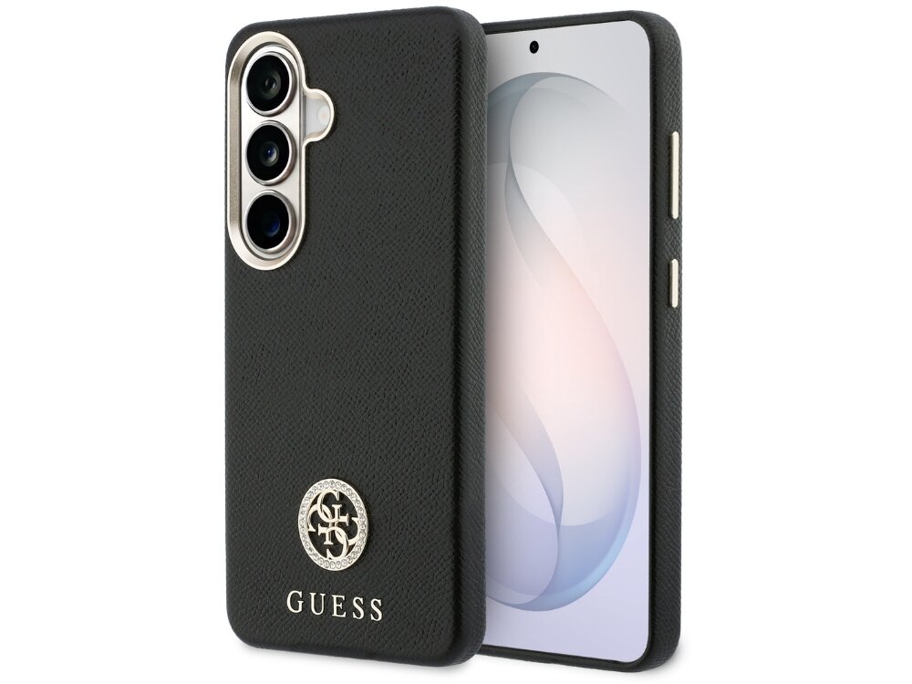 Etui Guess 4G Rhinestone Round Logo Samsung Galaxy S26 - eleganckie, okrągłe logo, magnetyczny pierścień Czarny smartfon Samsung Galaxy S24 w eleganckim etui Guess wykonanym z fakturowanej skóry z okrągłym logo 4G i złotym napisem.