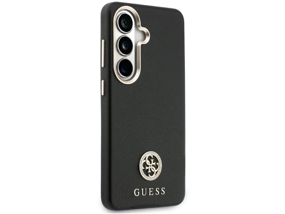 Etui Guess 4G Rhinestone Round Logo Samsung Galaxy S26 - wzór 4G, logo Rhinestone, eleganckie Tył czarnego etui Guess do Samsung Galaxy S24 z metalicznym wykończeniem wokół aparatu i ozdobnym emblematem wysadzanym kryształkami.