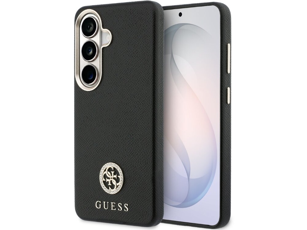 Etui Guess 4G Rhinestone Round Logo Samsung Galaxy S26 - eleganckie, okrągłe logo, magnetyczny pierścień Czarny smartfon Samsung Galaxy S24 w eleganckim etui Guess wykonanym z fakturowanej skóry z okrągłym logo 4G i złotym napisem.