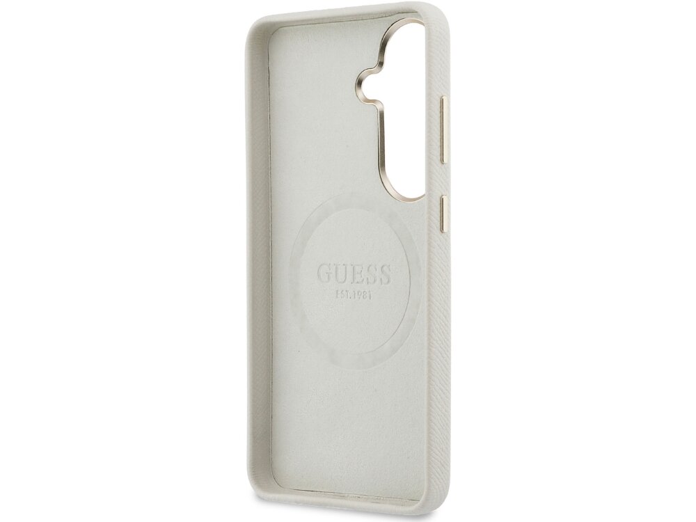 Etui Guess 4G Rhinestone Round Logo Samsung Galaxy S26 - elastyczne, wytrzymałe, MagSafe Wnętrze beżowego etui Guess z widocznym pierścieniem MagSafe i tłoczonym napisem Guess Est. 1981 na miękkiej wyściółce.