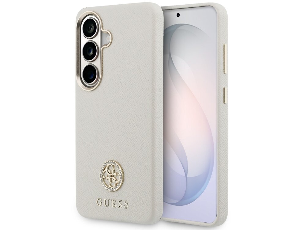 Etui Guess 4G Rhinestone Round Logo Samsung Galaxy S26 - eleganckie, okrągłe logo, magnetyczny pierścień Czarny smartfon Samsung Galaxy S24 w eleganckim etui Guess wykonanym z fakturowanej skóry z okrągłym logo 4G i złotym napisem.