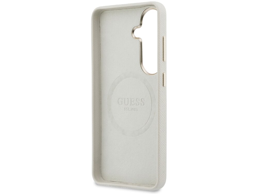 Etui Guess 4G Rhinestone Round Logo Samsung Galaxy S26 - elastyczne, wytrzymałe, MagSafe Wnętrze czarnego etui Guess z widocznym pierścieniem MagSafe i tłoczonym napisem Guess Est. 1981 na miękkiej wyściółce.