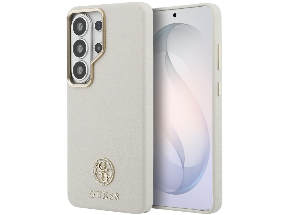 Etui Guess 4G Rhinestone Round Logo Samsung Galaxy S26 - eleganckie, okrągłe logo, magnetyczny pierścień Czarny smartfon Samsung Galaxy S24 w eleganckim etui Guess wykonanym z fakturowanej skóry z okrągłym logo 4G i złotym napisem.