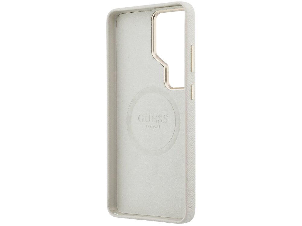 Etui Guess 4G Rhinestone Round Logo Samsung Galaxy S26 - elastyczne, wytrzymałe, MagSafe Wnętrze czarnego etui Guess z widocznym pierścieniem MagSafe i tłoczonym napisem Guess Est. 1981 na miękkiej wyściółce.