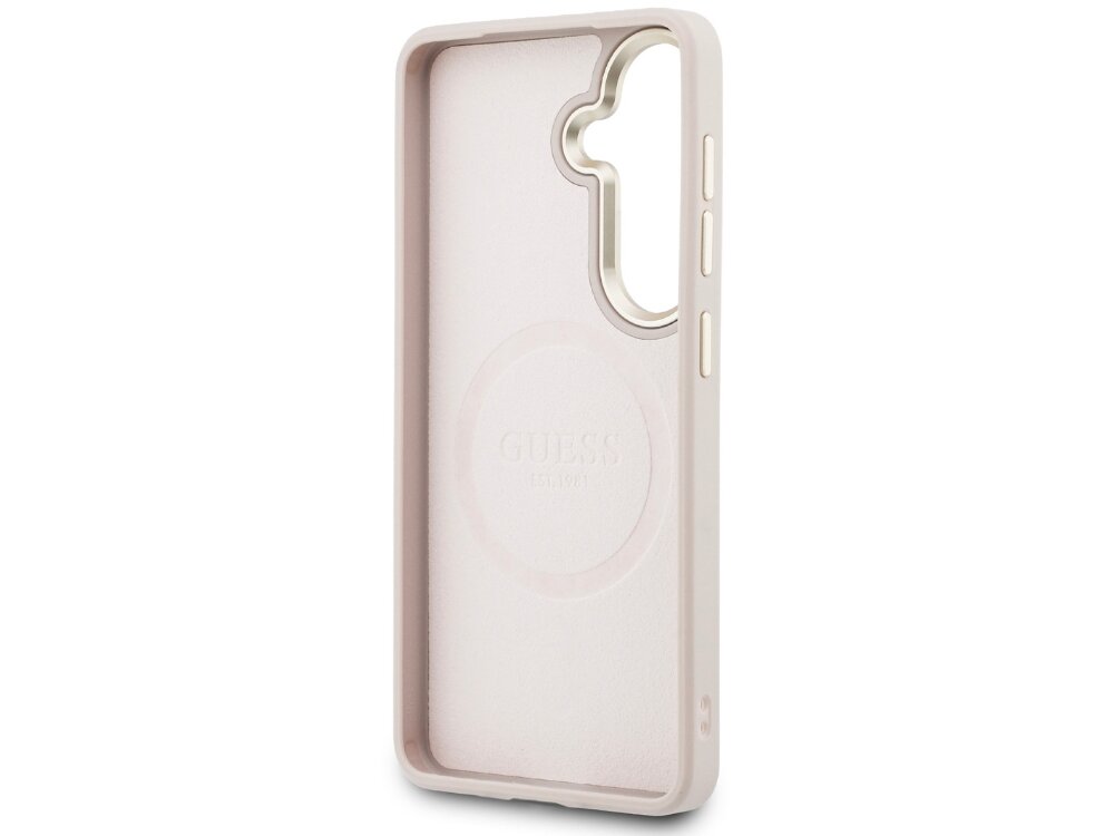 Etui GUESS Saffiano Peony Embossed Ring do Samsung Galaxy S26+ Różowy - wytrzymałe, MagSafe, ochrona ekranu i aparatu