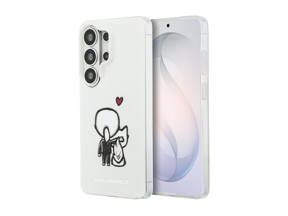 Przezroczyste etui na telefon z grafiką przedstawiającą postać w okularach i kota, nad którymi unosi się czerwone serce. Na dole widoczny jest napis \'KARL LAGERFELD\'.