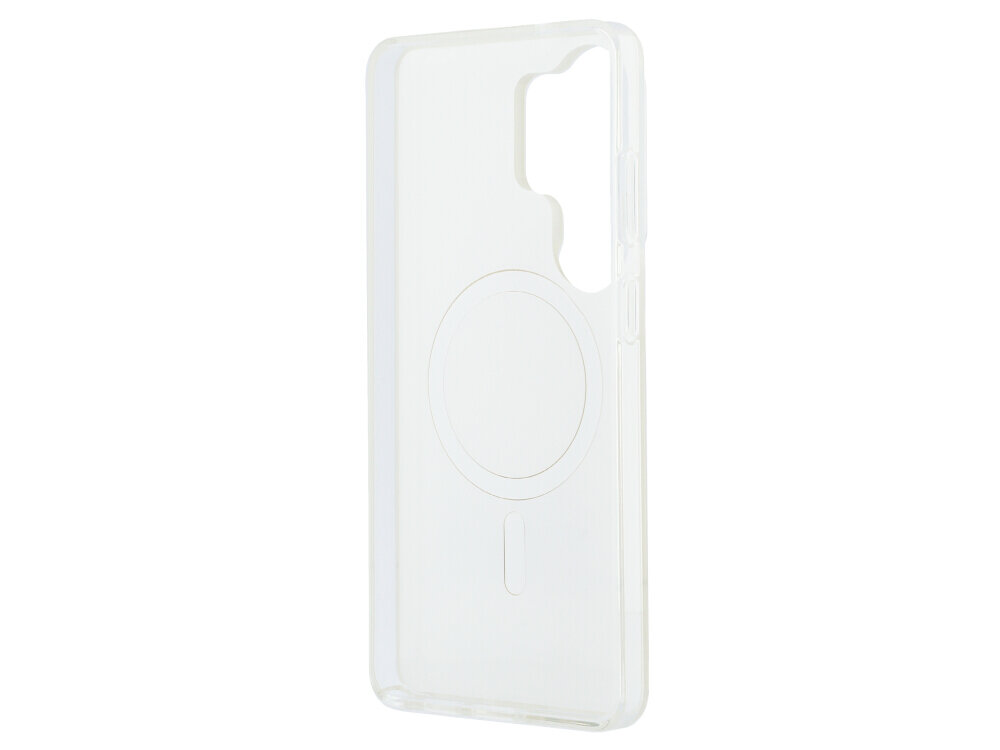 Przezroczyste etui na telefon z wycięciem na aparat i okrągłym wzorem na środku. Etui jest przeznaczone do modelu Samsung Galaxy S26.