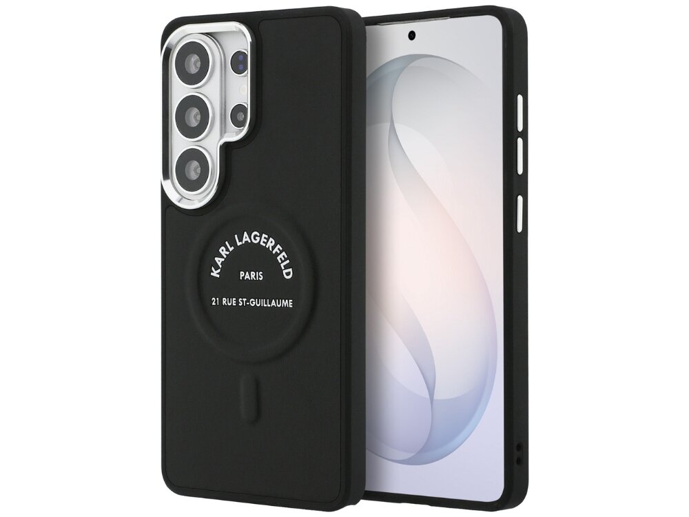 Etui Karl Lagerfeld Karl Embossed RSG Logo Samsung Galaxy S26 - eleganckie, skóra ekologiczna, MagSafe Smartfon Samsung Galaxy S24 Ultra w czarnym matowym etui Karl Lagerfeld z kolekcji Rue St-Guillaume i srebrnym obramowaniem aparatu.