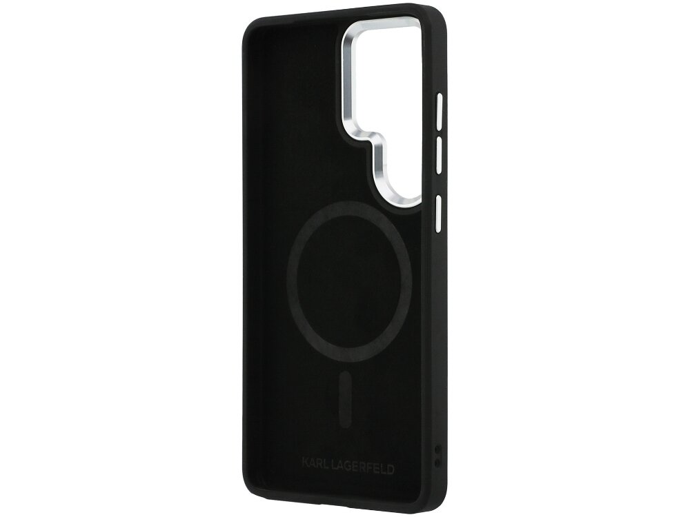 Etui Karl Lagerfeld Karl Embossed RSG Logo Samsung Galaxy S26 - elastyczne, wytrzymałe, MagSafe Wnętrze czarnego etui Karl Lagerfeld do Samsung Galaxy S24 Ultra z widocznym magnetycznym pierścieniem MagSafe i miękką wyściółką ochronną.
