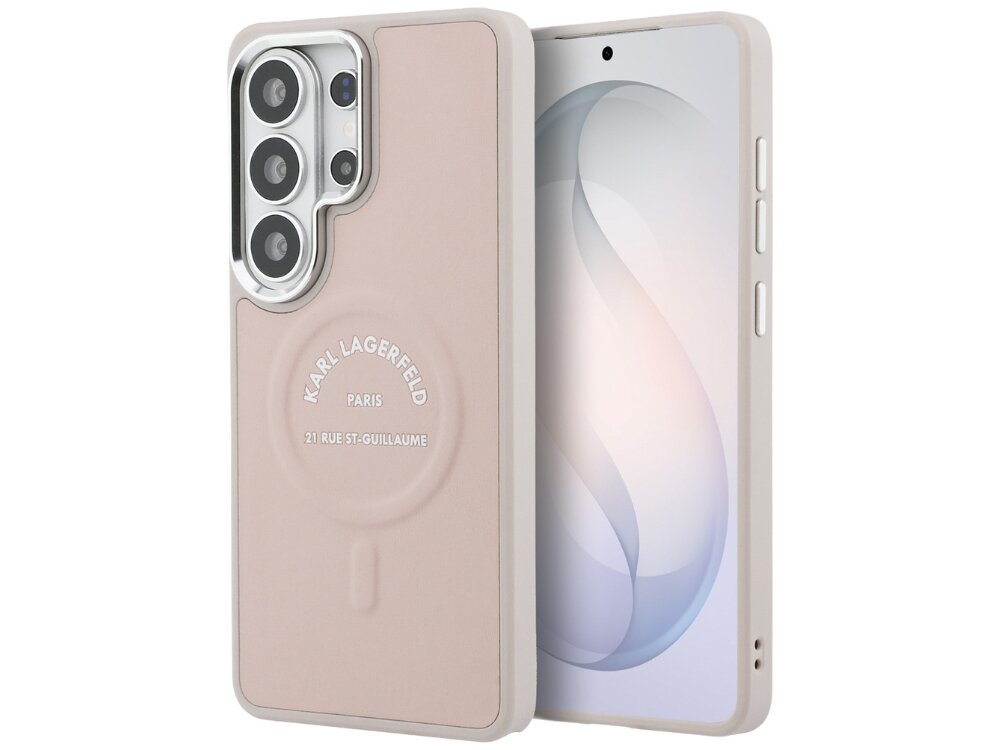 Etui Karl Lagerfeld Karl Embossed RSG Logo Samsung Galaxy S26 - eleganckie, skóra ekologiczna, MagSafe Smartfon Samsung Galaxy S24 Ultra w różowym matowym etui Karl Lagerfeld z kolekcji Rue St-Guillaume i srebrnym obramowaniem aparatu.
