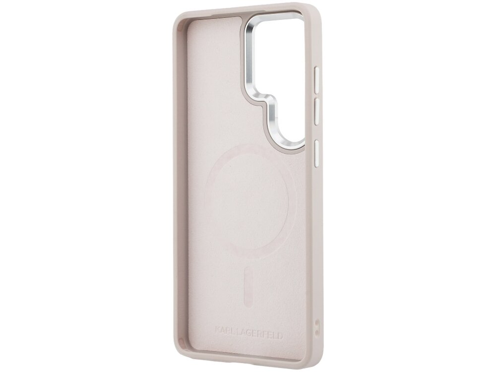 Etui Karl Lagerfeld Karl Embossed RSG Logo Samsung Galaxy S26 - elastyczne, wytrzymałe, MagSafe Wnętrze czarnego etui Karl Lagerfeld do Samsung Galaxy S24 Ultra z widocznym magnetycznym pierścieniem MagSafe i miękką wyściółką ochronną.