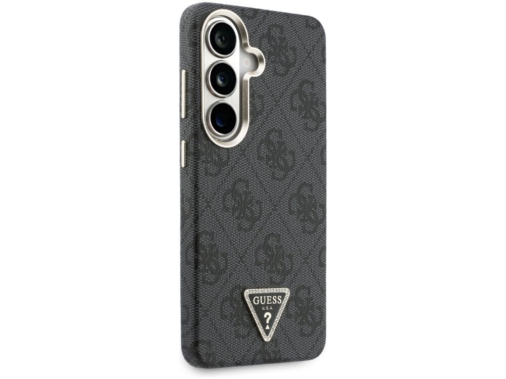 Etui Guess 4G Triangle Logo Samsung Galaxy S26 - wzór 4G, kryształkowe logo, eko-skóra Tył grafitowego etui Guess na telefon z teksturą materiału, wzorem monogramów 4G oraz srebrną ramką wokół wyspy aparatów.