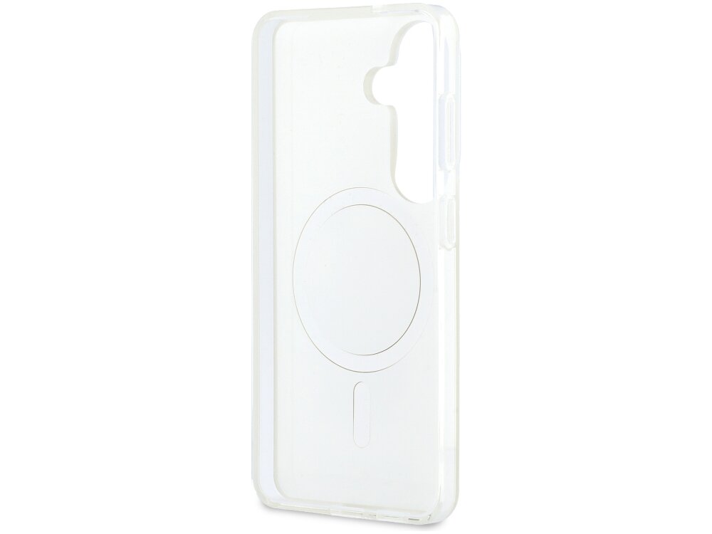 Przezroczyste etui na telefon z wycięciem na aparat i okrągłym wzorem na środku. Etui ma gładką powierzchnię i jest przeznaczone do modelu Samsung Galaxy S26.