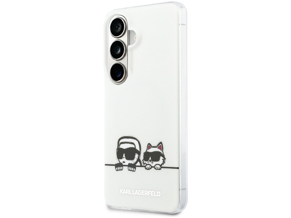 Przezroczyste etui na telefon z trzema wycięciami na aparaty, ozdobione grafiką dwóch postaci w okularach przeciwsłonecznych. Na dole widnieje napis \'KARL LAGERFELD\'.