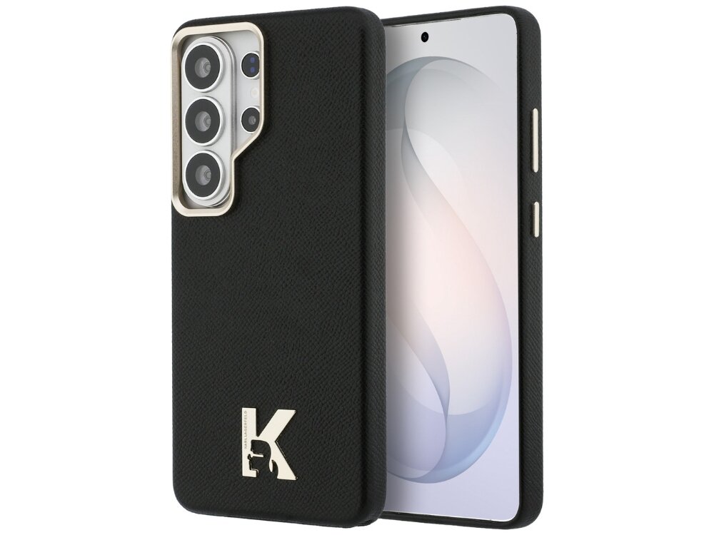 Etui KARL LAGERFELD K Metal Logo MagSafe Samsung Galaxy S26 Ultra - eleganckie, skóra ekologiczna, MagSafe Czarny smartfon Samsung Galaxy w etui Karl Lagerfeld z teksturowanej skóry z metalowym logo w kształcie litery K i srebrnym obramowaniem aparatu.