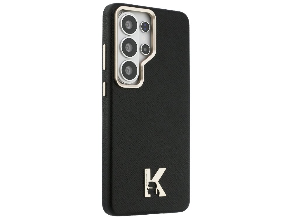 Etui KARL LAGERFELD K Metal Logo MagSafe Samsung Galaxy S26 Ultra - skóra ekologiczna, metalowa litera K, prestiż Plecki czarnego etui na telefon Karl Lagerfeld wykonanego z ekoskóry Saffiano z dużym srebrnym logotypem K i precyzyjnym wycięciem na potrójny aparat.