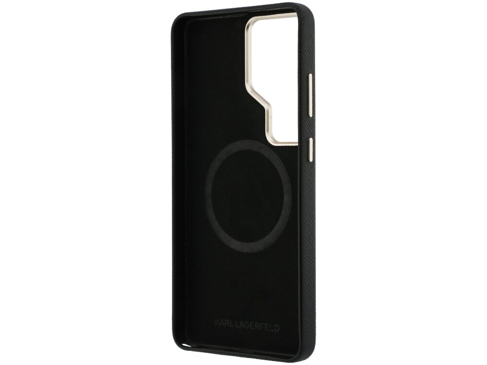 Etui KARL LAGERFELD K Metal Logo MagSafe Samsung Galaxy S26 Ultra - wytrzymałe, elastyczne, MagSafe Wnętrze czarnego etui Karl Lagerfeld wyłożone mikrofibrą z widocznym pierścieniem magnetycznym MagSafe i wytłoczonym napisem marki.