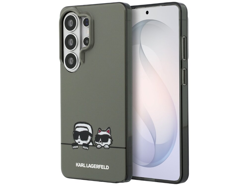 Zielone etui na telefon z grafiką przedstawiającą postacie w okularach przeciwsłonecznych oraz napisem \'KARL LAGERFELD\'. Etui jest dopasowane do modelu telefonu z trzema widocznymi obiektywami aparatu.