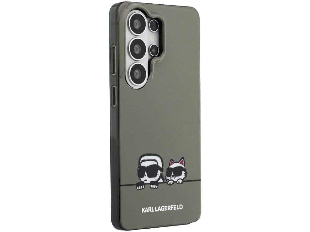 Zielone etui na telefon z grafiką przedstawiającą dwie postacie w okularach przeciwsłonecznych oraz napisem \'KARL LAGERFELD\'. Etui posiada wycięcia na aparat i przyciski boczne.