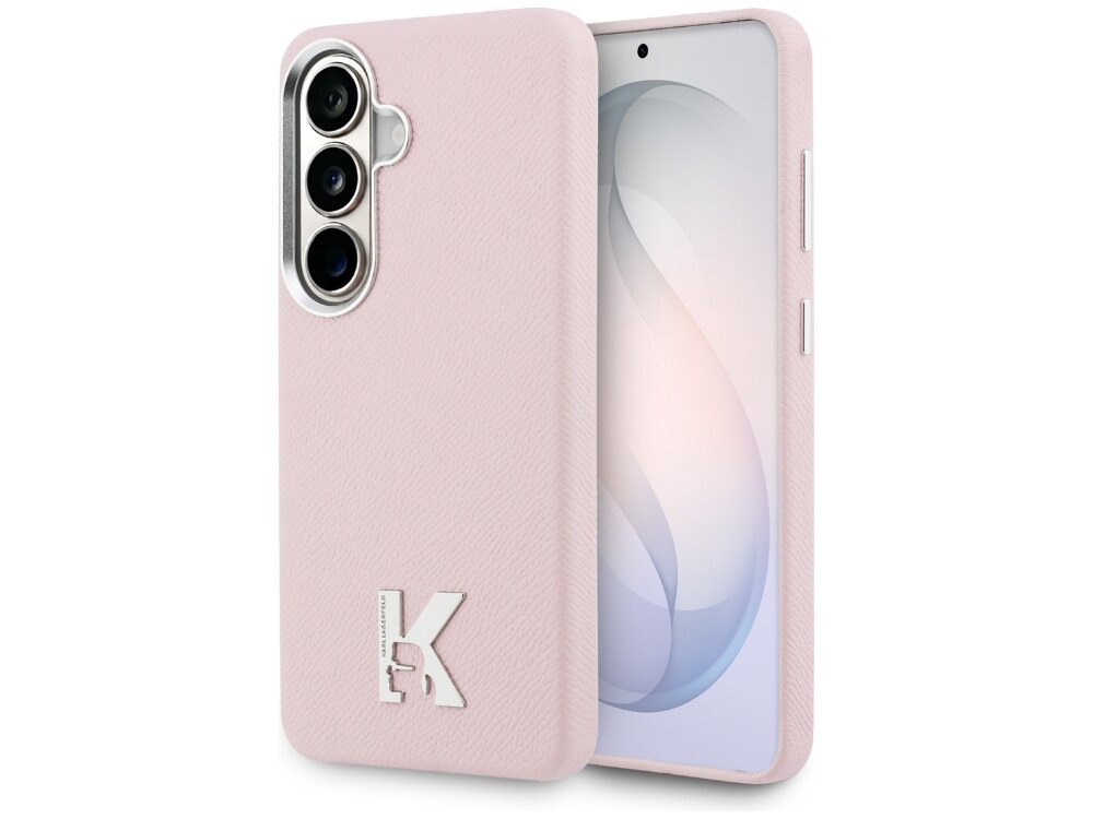 Etui KARL LAGERFELD K Metal Logo Samsung Galaxy S26 - eleganckie, skóra ekologiczna, MagSafe Smartfon Samsung Galaxy w etui Karl Lagerfeld z teksturowanej skóry z metalowym logo w kształcie litery K i srebrnym obramowaniem aparatu.