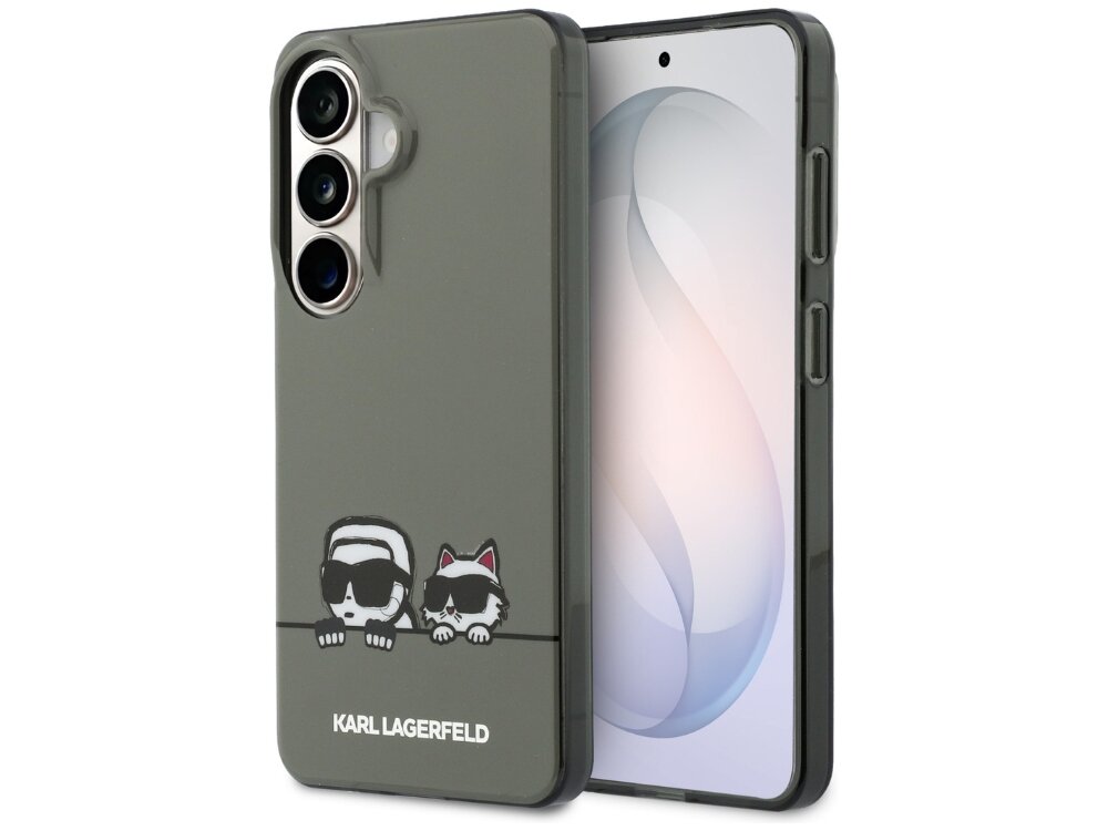 Etui Karl Lagerfeld IML Karl & Choupette Peekaboo Logo Samsung Galaxy S26 - przezroczyste, PC/TPU, MagSafe Czarne etui Karl Lagerfeld do Samsung Galaxy S24 Ultra z grafiką przedstawiającą projektanta i jego kota Choupette w okularach przeciwsłonecznych.