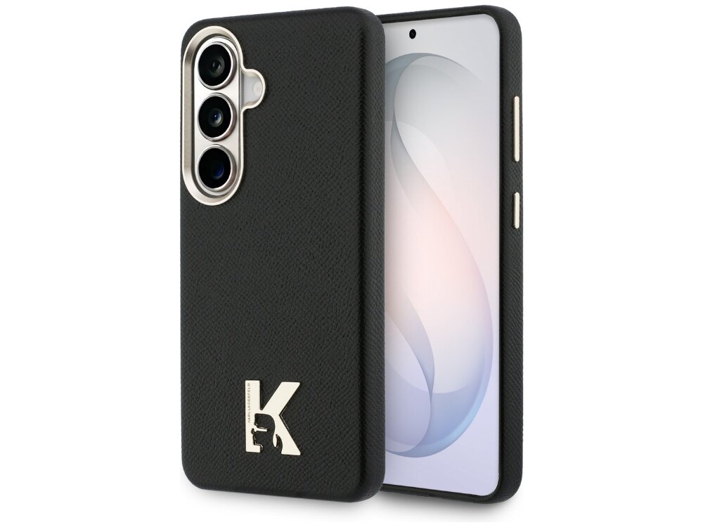 Etui KARL LAGERFELD K Metal Logo MagSafe Samsung Galaxy S26 - eleganckie, skóra ekologiczna, MagSafe Czarny smartfon Samsung Galaxy w etui Karl Lagerfeld z teksturowanej skóry z metalowym logo w kształcie litery K i srebrnym obramowaniem aparatu.