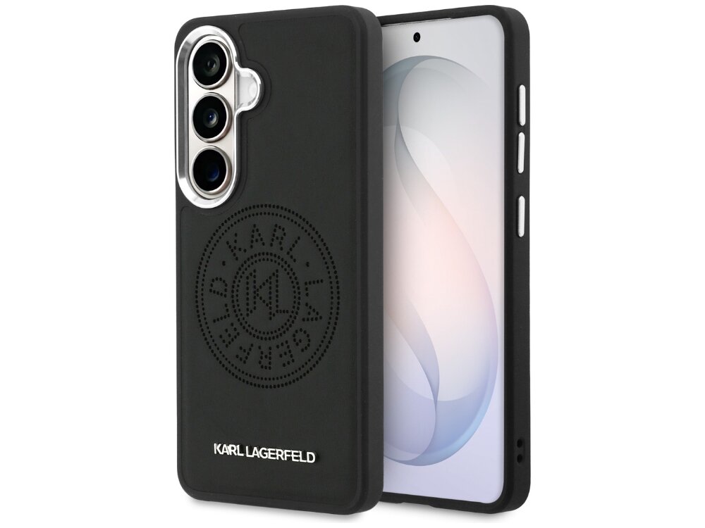 Etui Karl Lagerfeld Perforated KL Samsung Galaxy S26 - skóra ekologiczna, wytłoczone logo KL, MagSafe Czarne etui Karl Lagerfeld na telefon Samsung Galaxy S24 Ultra z czarnym obramowaniem, perforowanym logo marki w kole oraz srebrnym napisem u dołu.