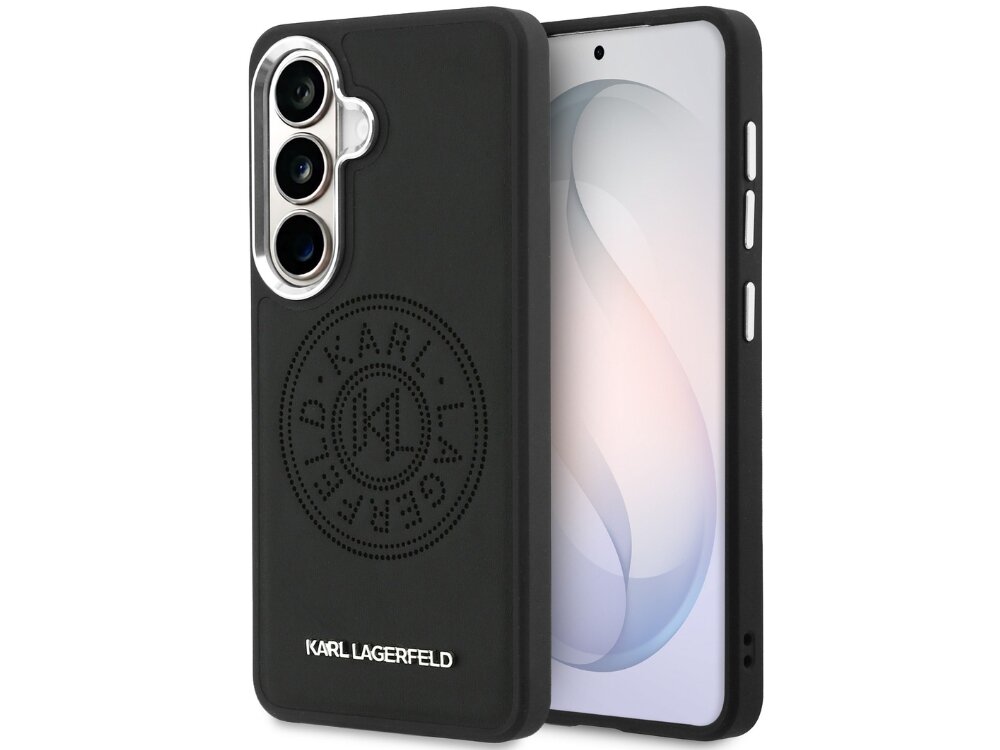 Etui Karl Lagerfeld Perforated KL Samsung Galaxy S26 - skóra ekologiczna, wytłoczone logo KL, MagSafe Brązowe etui Karl Lagerfeld na telefon Samsung Galaxy S24 Ultra z czarnym obramowaniem, perforowanym logo marki w kole oraz srebrnym napisem u dołu.