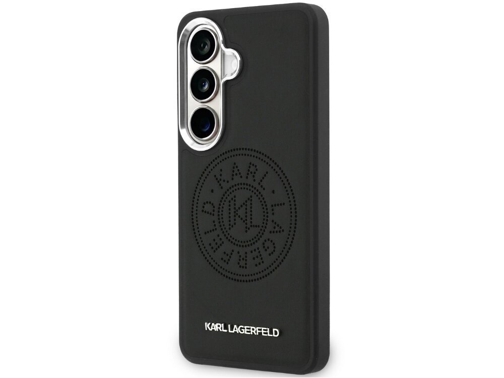 Etui Karl Lagerfeld Perforated KL Samsung Galaxy S26 - wytłoczone logo KL, srebrne detale, luksusowe Plecki etui Karl Lagerfeld wykonane z brązowej ekoskóry z centralnym, okrągłym emblematem i precyzyjnym wycięciem na aparat ze srebrną ramką.