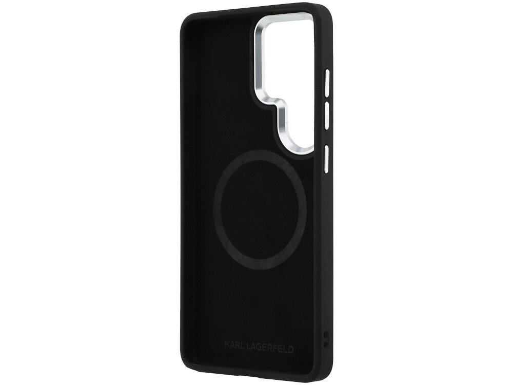 Etui Karl Lagerfeld Perforated KL Samsung Galaxy S26 - elastyczne, wytrzymałe, MagSafe Wnętrze czarnego etui Karl Lagerfeld wyłożone miękkim materiałem z widocznym ciemnym pierścieniem magnetycznym MagSafe i srebrnym wykończeniem otworu na aparat.