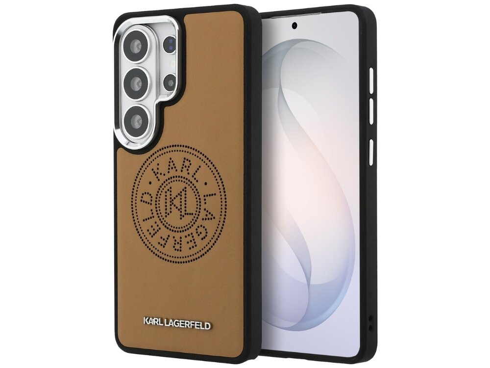 Etui Karl Lagerfeld Perforated KL Samsung Galaxy S26 - skóra ekologiczna, wytłoczone logo KL, MagSafe Brązowe etui Karl Lagerfeld na telefon Samsung Galaxy S24 Ultra z czarnym obramowaniem, perforowanym logo marki w kole oraz srebrnym napisem u dołu.