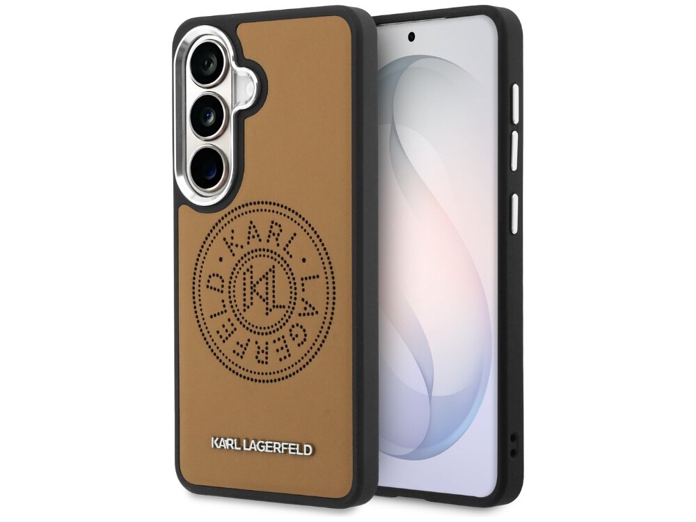 Etui Karl Lagerfeld Perforated KL Samsung Galaxy S26 - skóra ekologiczna, wytłoczone logo KL, MagSafe Brązowe etui Karl Lagerfeld na telefon Samsung Galaxy S24 Ultra z czarnym obramowaniem, perforowanym logo marki w kole oraz srebrnym napisem u dołu.