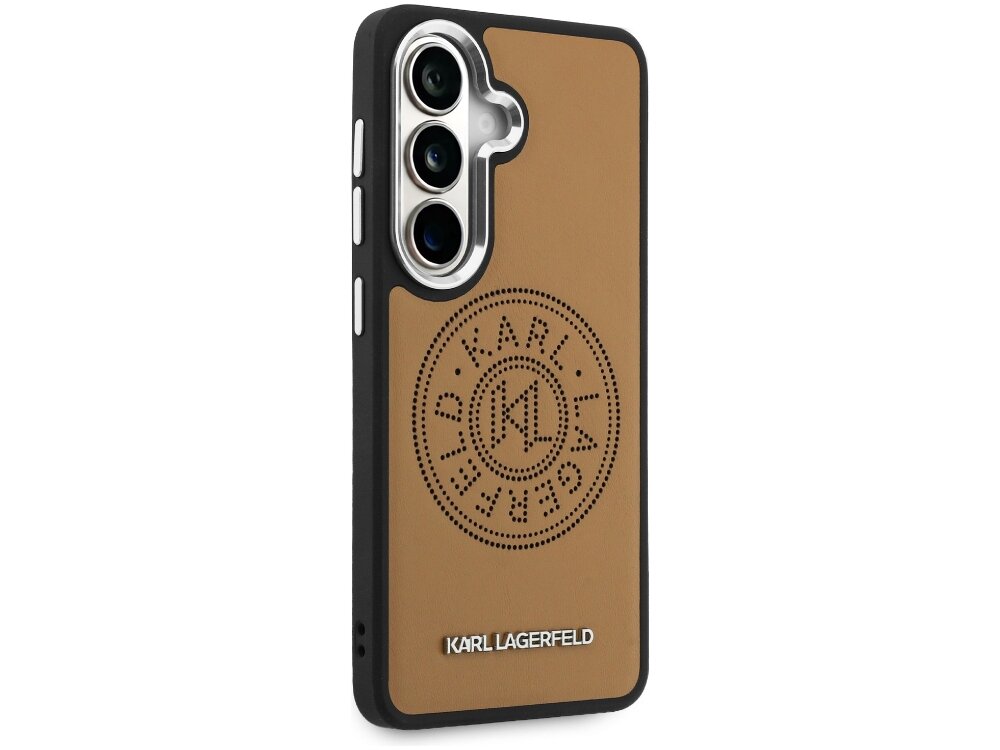 Etui Karl Lagerfeld Perforated KL Samsung Galaxy S26 - wytłoczone logo KL, srebrne detale, luksusowe Plecki etui Karl Lagerfeld wykonane z brązowej ekoskóry z centralnym, okrągłym emblematem i precyzyjnym wycięciem na aparat ze srebrną ramką.