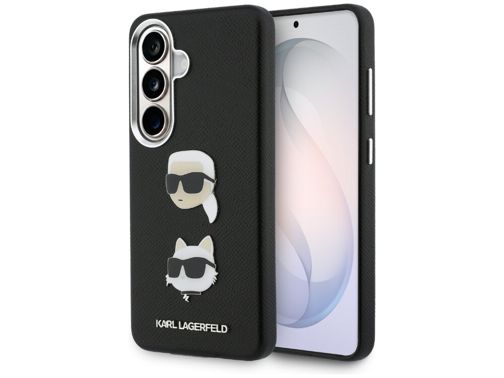 Etui Karl Lagerfeld Saffiano Double Heads Metal Samsung Galaxy S26 - eleganckie, skóra ekologiczna, MagSafe Czarny smartfon Samsung Galaxy w etui Karl Lagerfeld z teksturowanej skóry, ozdobiony wypukłymi emblematami przedstawiającymi projektanta oraz kota Choupette w okularach przeciwsłonecznych.