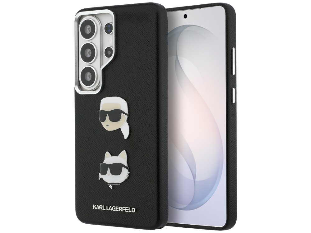 Etui Karl Lagerfeld Saffiano Double Heads Metal Samsung Galaxy S26 - eleganckie, skóra ekologiczna, MagSafe Czarny smartfon Samsung Galaxy w etui Karl Lagerfeld z teksturowanej skóry, ozdobiony wypukłymi emblematami przedstawiającymi projektanta oraz kota Choupette w okularach przeciwsłonecznych.