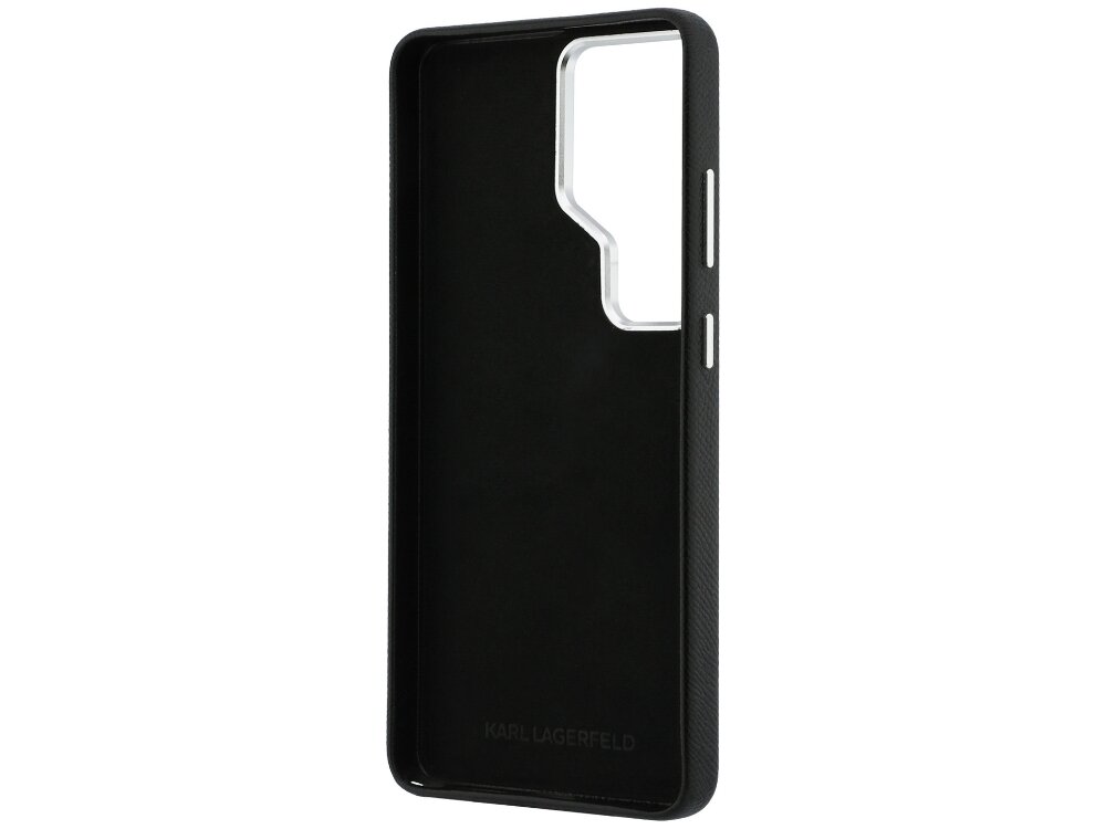 Etui Karl Lagerfeld Saffiano Double Heads Metal Samsung Galaxy S26 - wytrzymałe, MagSafe, eleganckie Wnętrze czarnego, usztywnianego etui Karl Lagerfeld z miękką wyściółką chroniącą telefon, srebrnym wykończeniem krawędzi aparatu i dyskretnym logo marki na dole.