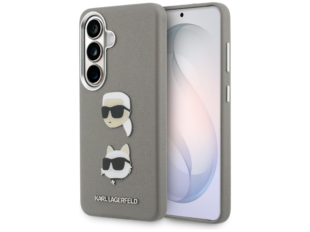 Etui Karl Lagerfeld Saffiano Double Heads Metal Samsung Galaxy S26 - eleganckie, skóra ekologiczna, MagSafe Czarny smartfon Samsung Galaxy w etui Karl Lagerfeld z teksturowanej skóry, ozdobiony wypukłymi emblematami przedstawiającymi projektanta oraz kota Choupette w okularach przeciwsłonecznych.