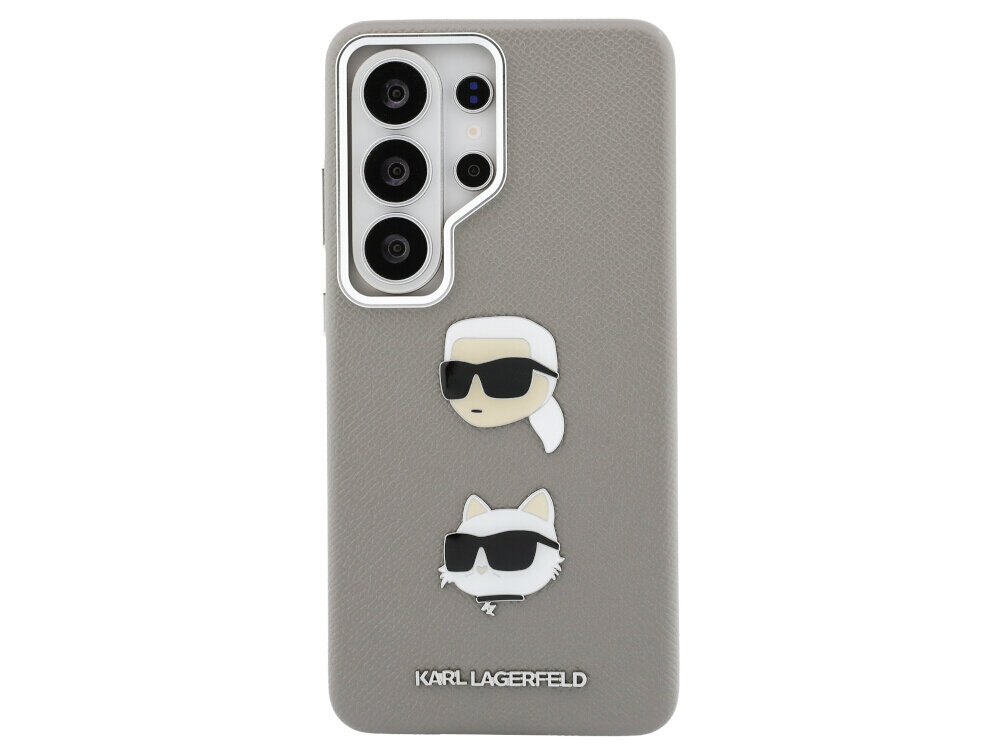 Srebrne etui na telefon z dwoma emblematami przedstawiającymi postać w okularach i kota w okularach. Na dole widoczny jest napis \'KARL LAGERFELD\'.