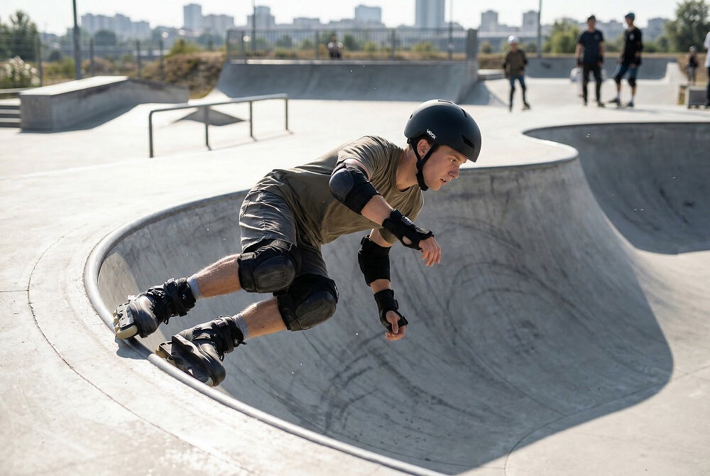 Osoba w kasku i ochraniaczach jeździ na rolkach w skateparku. W tle widać innych ludzi oraz miejską panoramę.