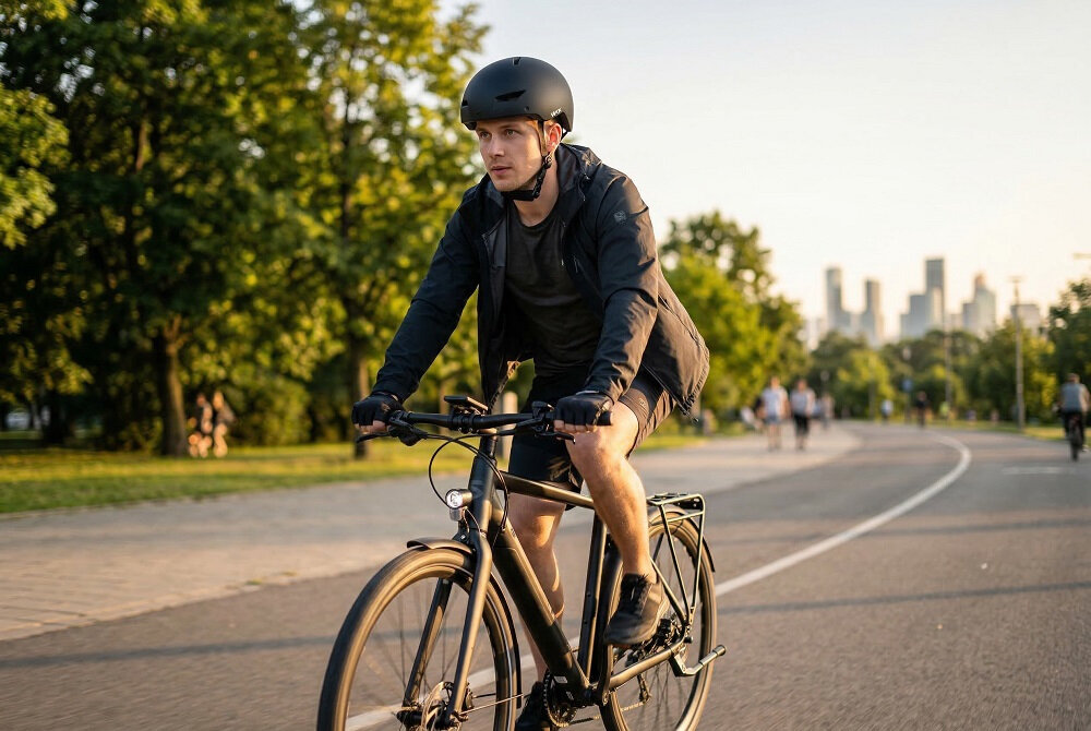 Osoba jedzie na rowerze po asfaltowej ścieżce w parku, nosząc czarny kask rowerowy. W tle widać drzewa i zarys budynków na horyzoncie.