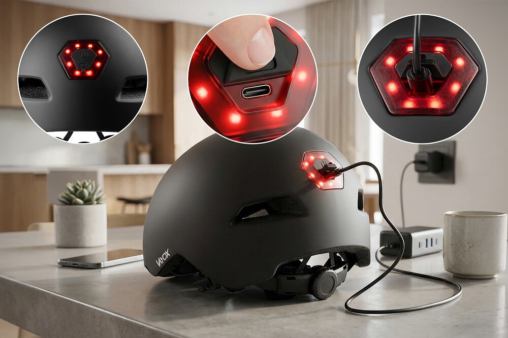 Czarny kask rowerowy z wbudowaną lampką LED, która jest ładowana za pomocą kabla. Na kasku widoczne jest logo \'VAYOX\'.