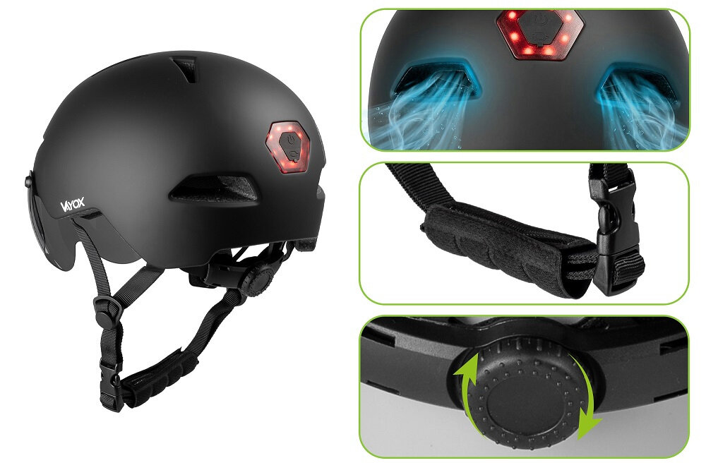 Czarny kask rowerowy z lampką z tyłu, posiada regulowany pasek pod brodą i pokrętło do dopasowania rozmiaru. Na kasku widoczne jest logo \'Vayox\'.