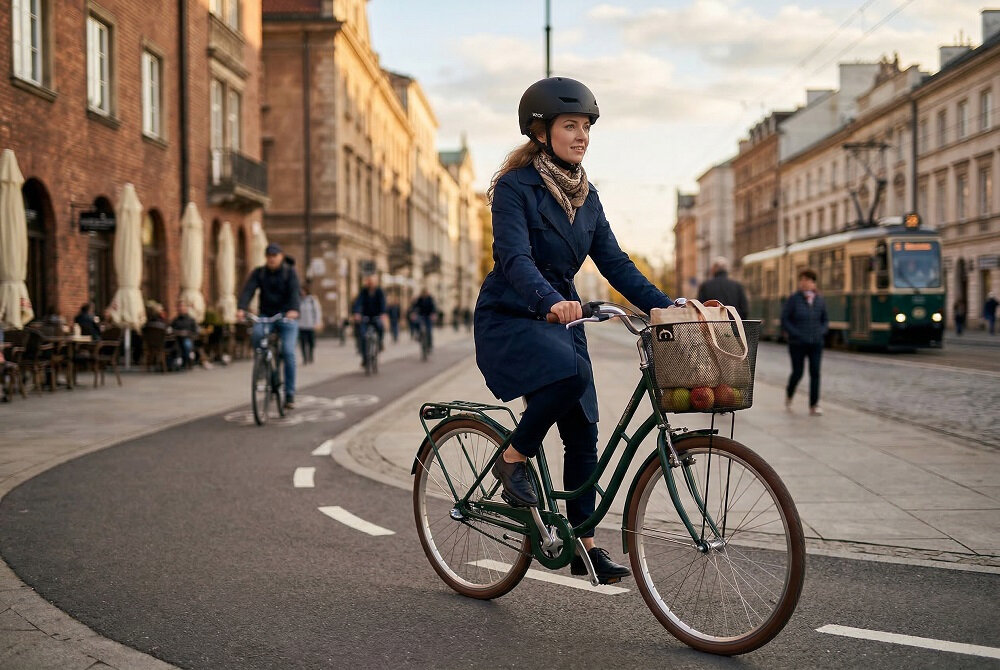 Osoba na rowerze jedzie po ulicy w mieście, nosząc czarny kask rowerowy. W koszyku na rowerze znajdują się jabłka i inne owoce.
